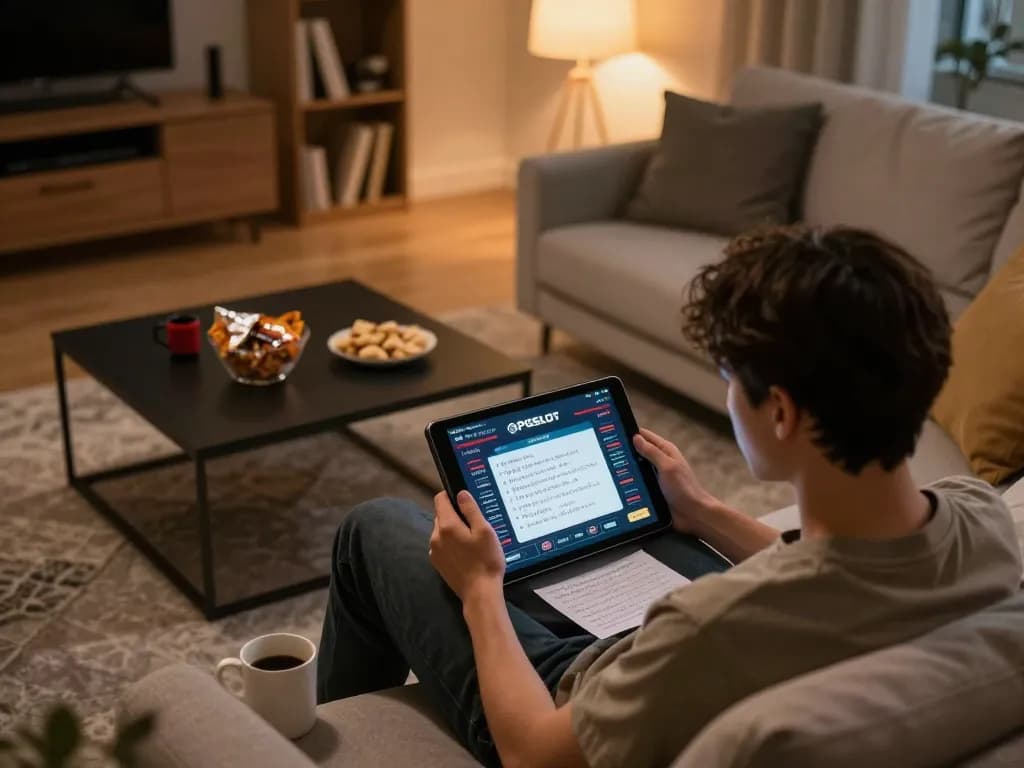 Engaging with the PGSLOT platform on a tablet in a cozy home gaming environment