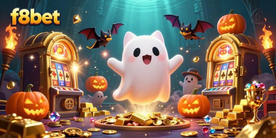 Join the thrill of gambling at f8bet with a ghost cat and bat exploring a haunted casino.