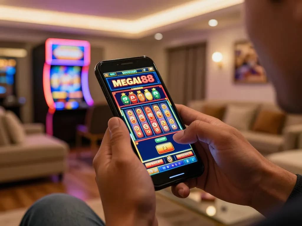 Winning with free credit mega888 while playing mobile slots in a cozy home gaming setup.