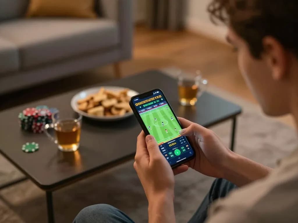 Engaging sports betting moment using n188 app on smartphone in a cozy home atmosphere.