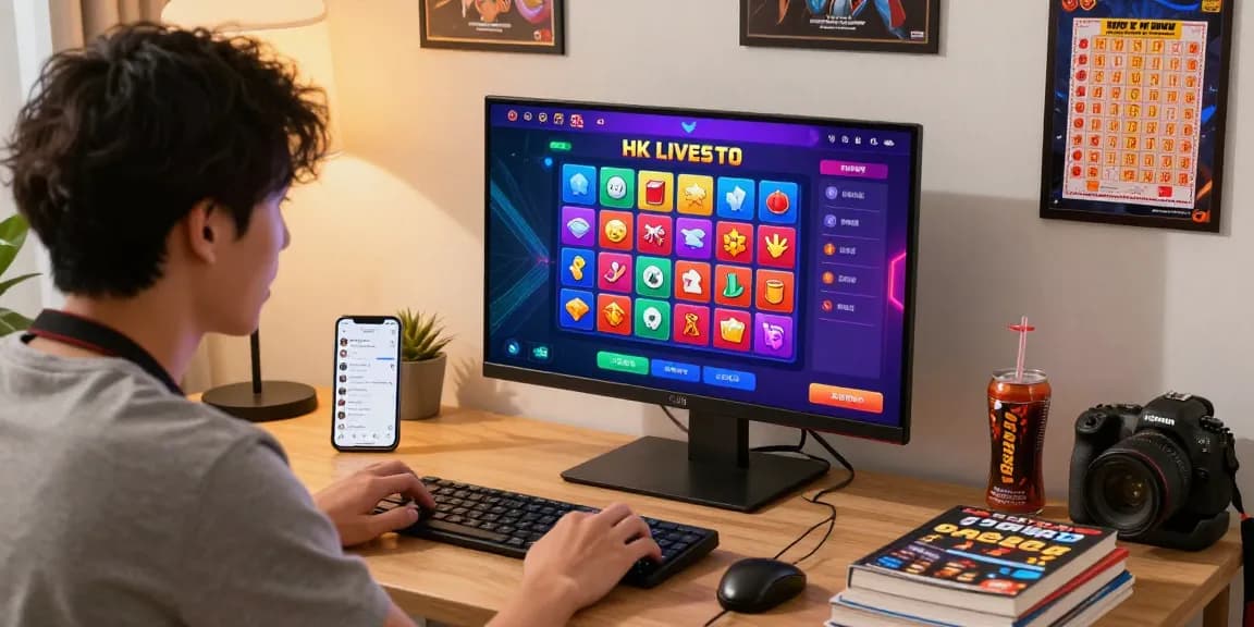 Juragan togel dengan pemain fokus di layar hasil undian HK live malam ini, suasana gaming yang seru.