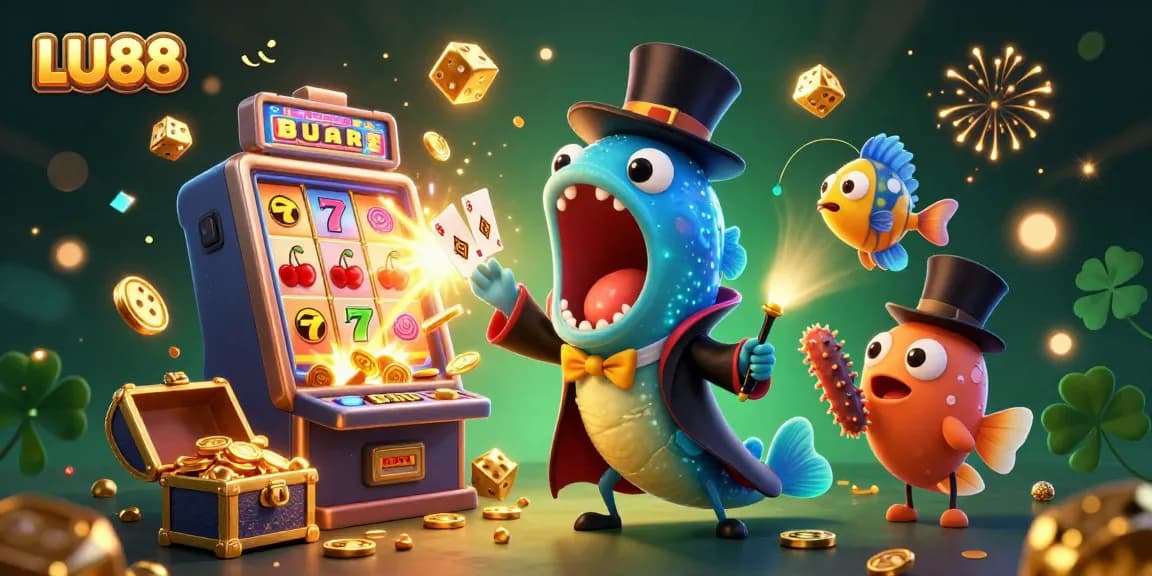 LU88 showcases an exclusive online casino experience with card tricks from a gulper eel magician and captivating slot elements.