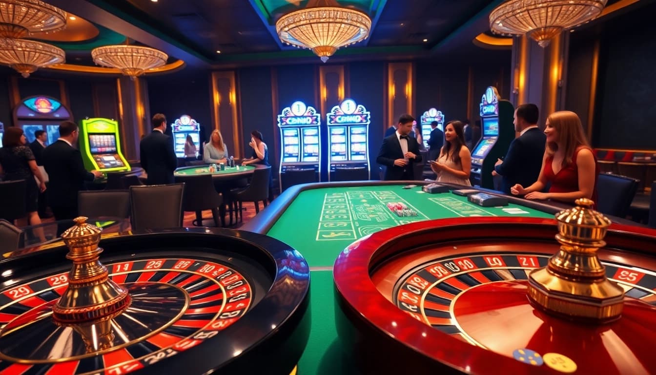 Enjoying an exciting game at S8com's luxurious casino featuring roulette and blackjack tables.