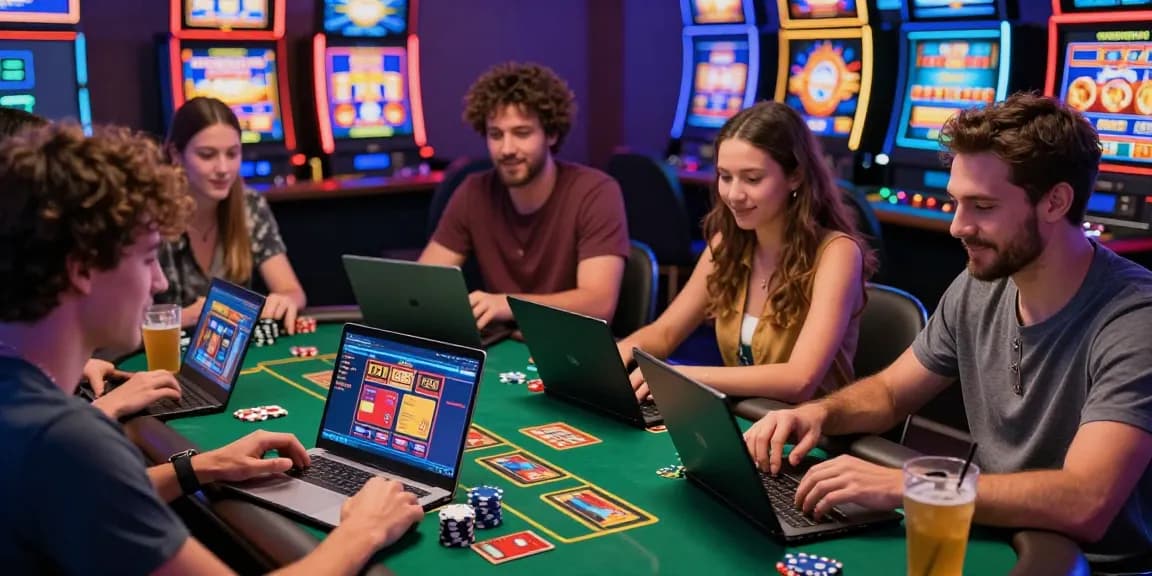 Engaged friends enjoying games at credit card casinos with vibrant atmosphere and modern gaming style.