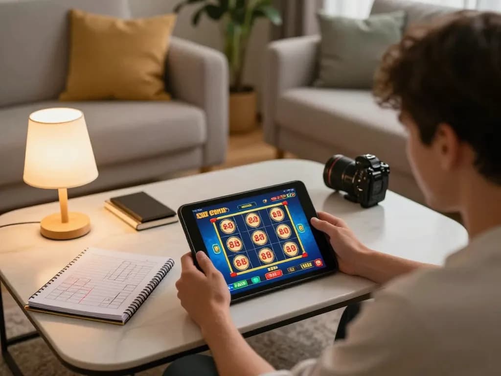 Engaging online gaming with 88 pulsa slots in a cozy home environment, capturing excitement and strategy.