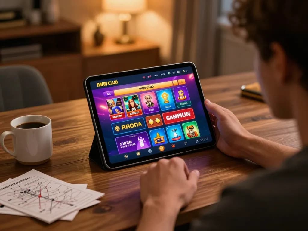 IWIN CLUB player strategizing during an online gaming session at home