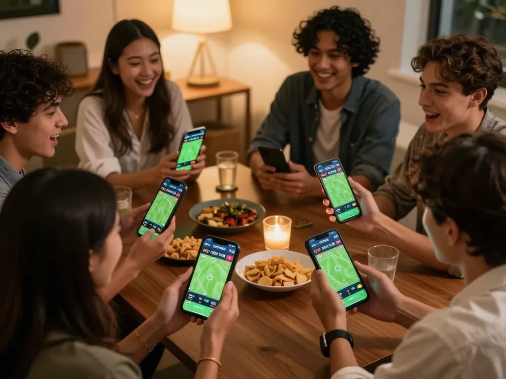 KÈO TRỰC TUYẾN app displayed during a lively sports betting session with friends, showcasing excitement and engagement.