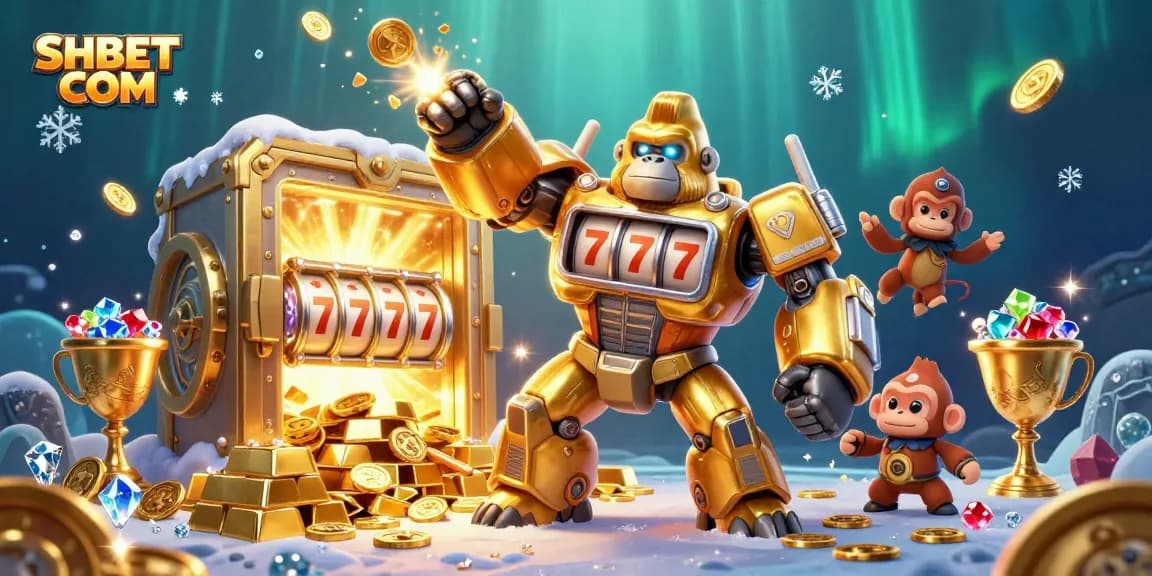 Experience thrilling jackpots with SHBET COM's explosive 3D gorilla mech and treasure vault illustration.