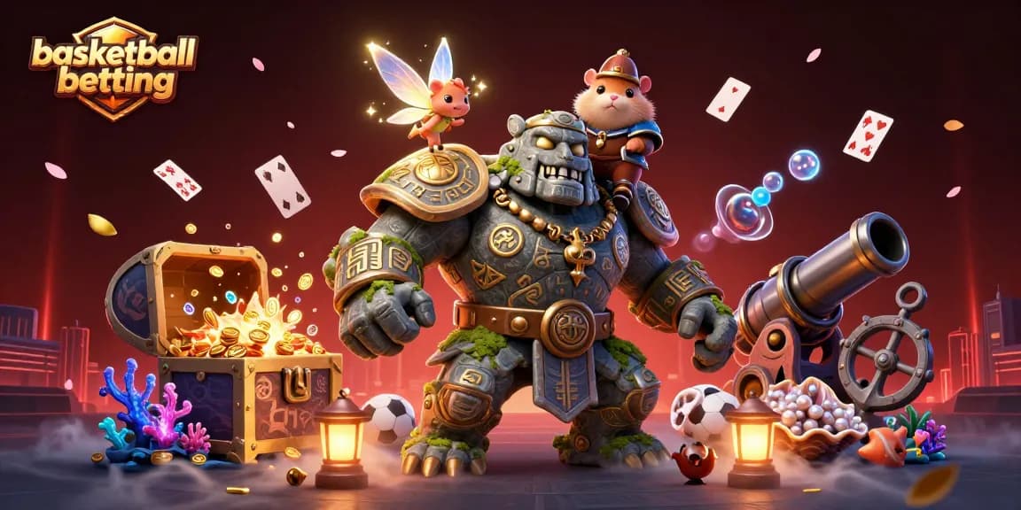 Engage in basketball betting action with a lively scene of fantasy characters and vibrant game elements.