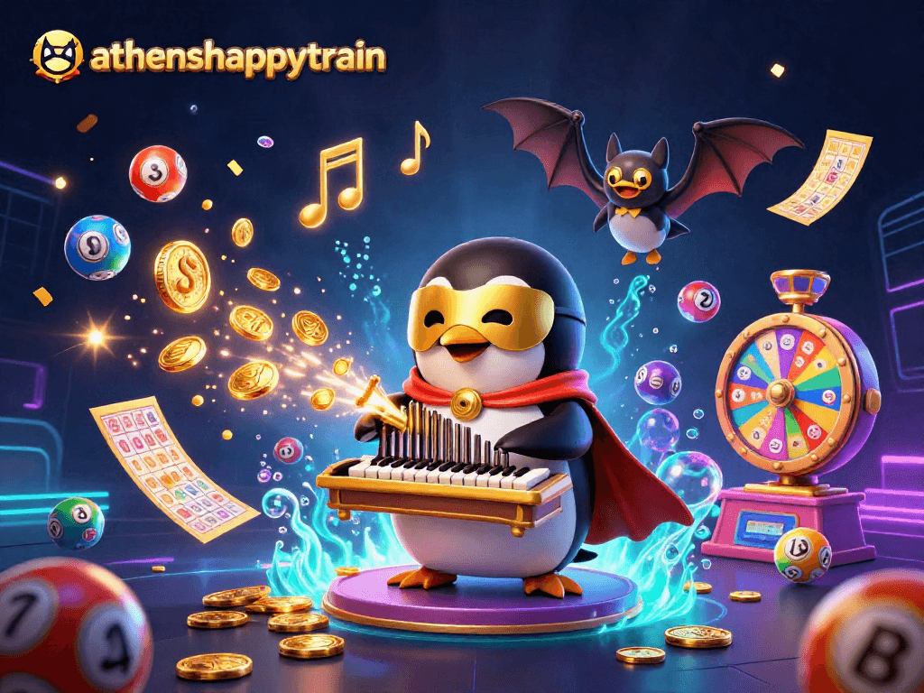 Experience the thrilling atmosphere of athenshappytrain with dynamic lottery elements and vibrant characters.