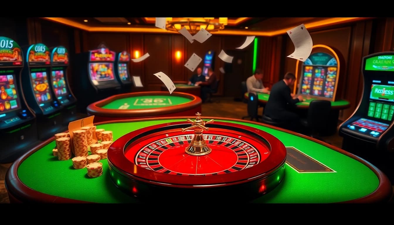 Engage in thrilling gaming moments at Link NEW88 with luxurious casino tables and vibrant poker chips.