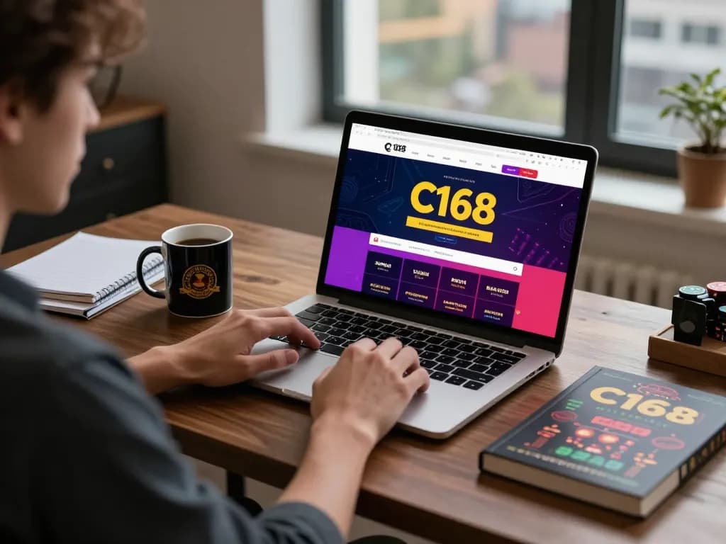Player exploring C168's online casino interface at home, surrounded by betting strategy notes.