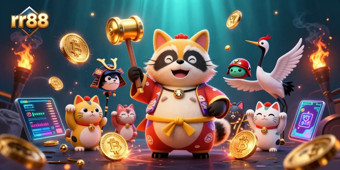 Engage with rr88's vibrant casino scene featuring cheerful characters and dynamic elements.