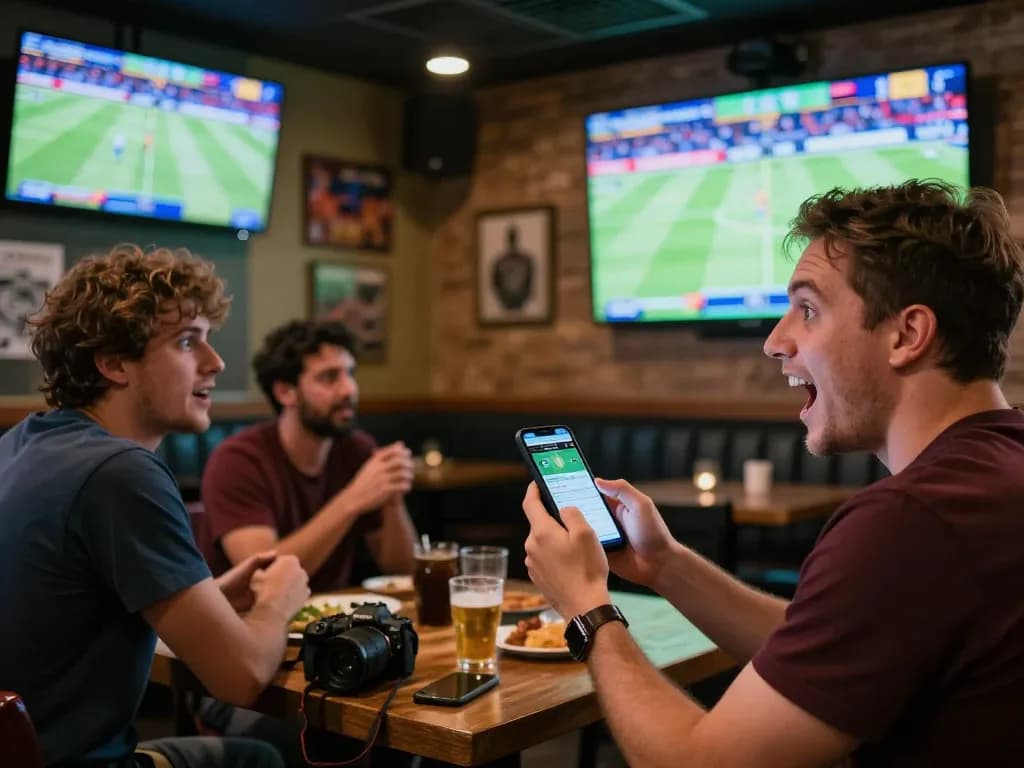 Cược thể thao excitement captured as a fan places a bet using a mobile app while watching a game.