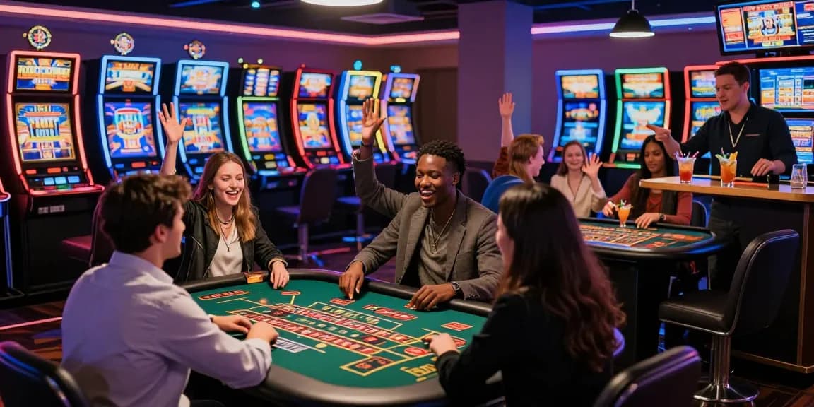 Diverse players celebrating wins at a modern credit card casino in the UK, as featured on https://dea.org.uk, showcasing vibrant gaming atmosphere.