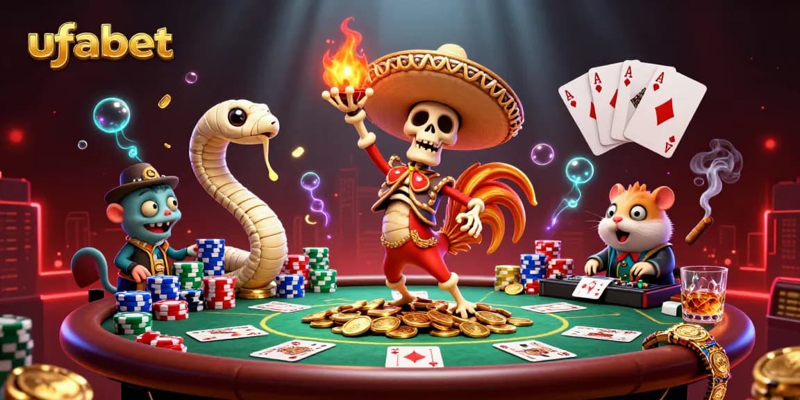 Experience ufabet gaming with a vibrant 3D scene of characters celebrating around a poker table.