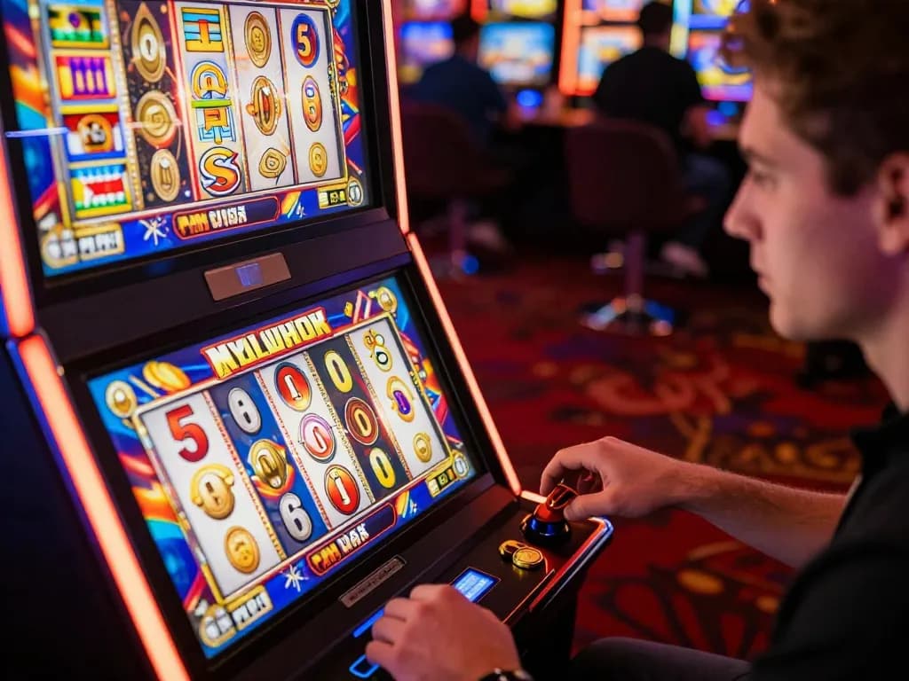 Player wins big on kdslot77 slot machine, celebrating a jackpot victory in a vibrant casino.