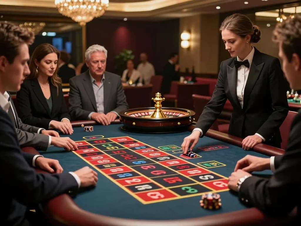 uu88 players engaged at a high-stakes roulette table in a luxurious casino.