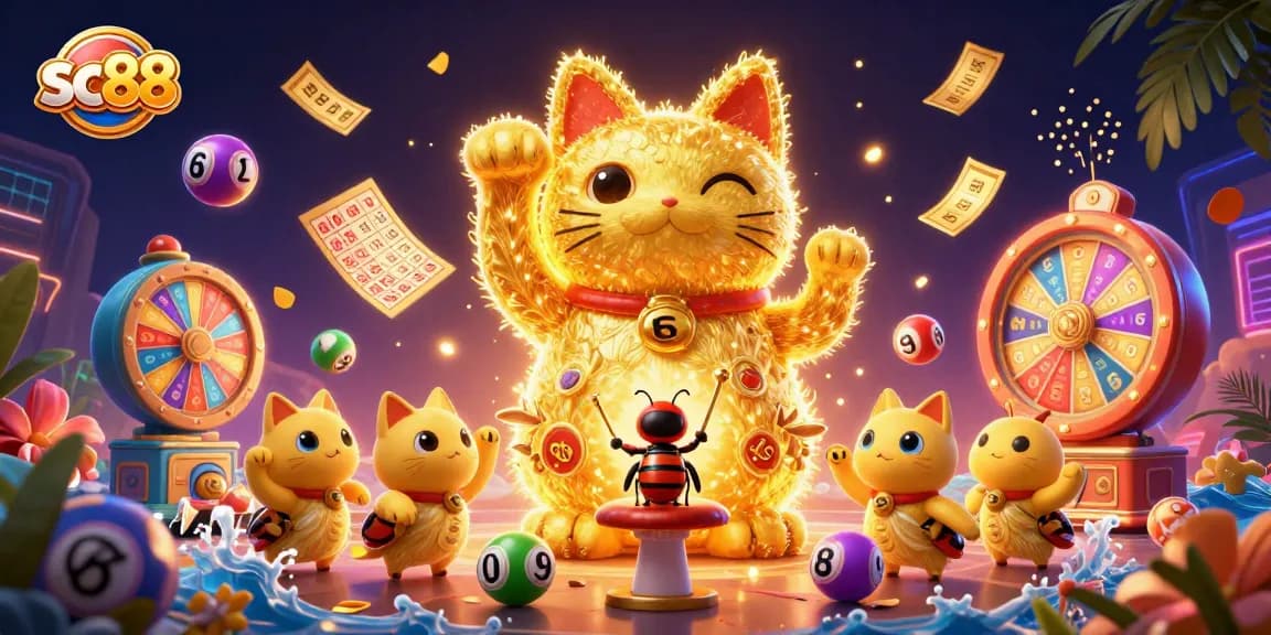 Experience the excitement of sc88 with a vibrant 3D illustration of a lucky cat and dynamic casino elements.