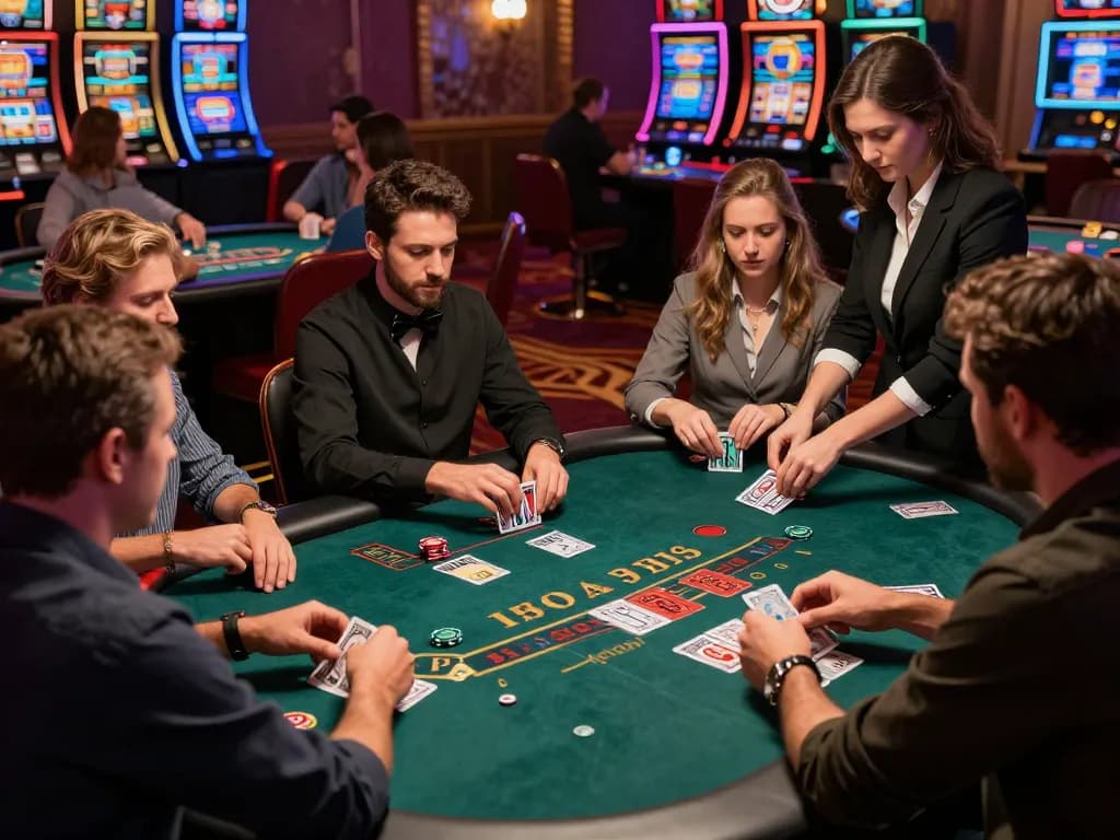 Engaged players strategizing at a goal123.ac blackjack table, showcasing a dynamic casino atmosphere