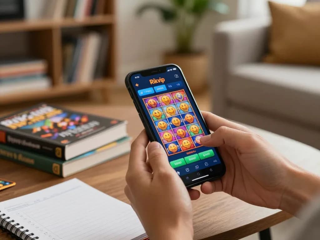 Engaged players spin slots on the Rikvip casino app in a cozy home environment