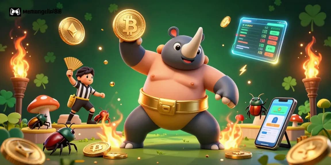 Experience the thrill of gaming at menangclub88 with a vibrant illustration of a rhinoceros beetle champion surrounded by glowing crypto coins.
