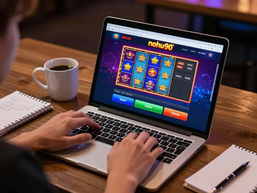 Engaging gameplay on nohu90's online casino platform, showcasing interactive slots and cozy gaming setup.