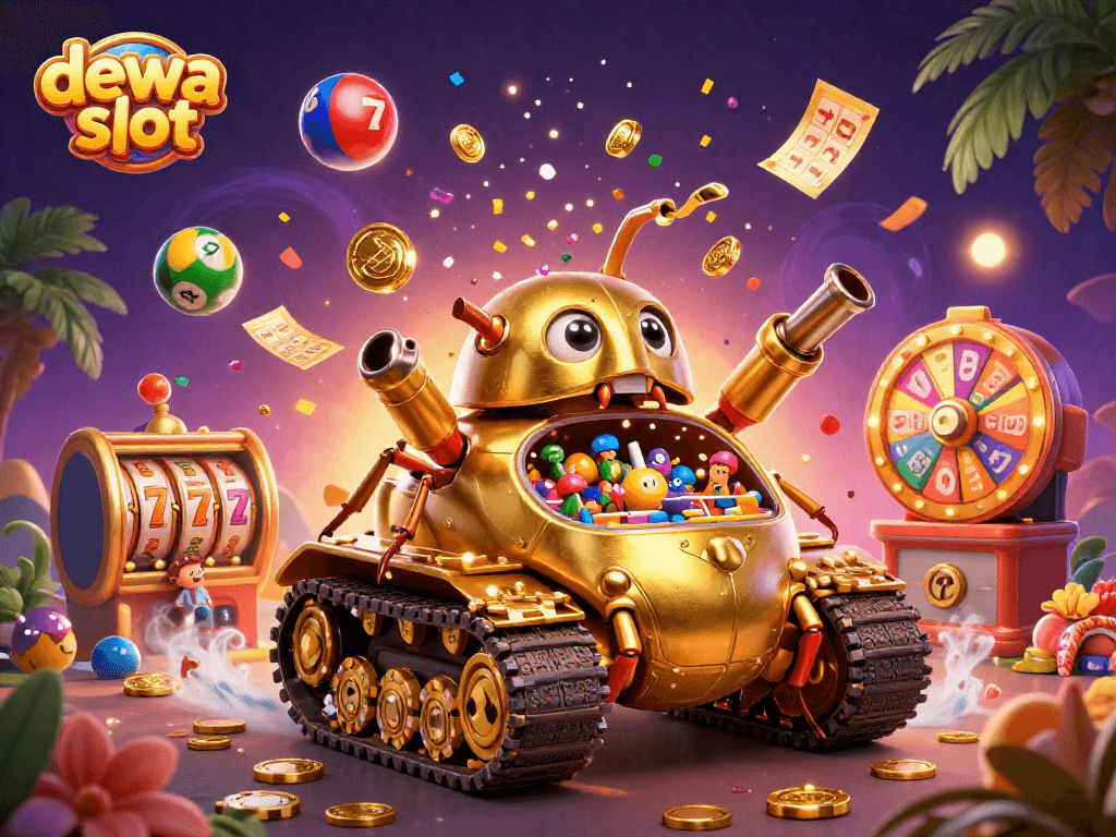 Play and win at dewa slot with a vibrant, colorful scene of a golden beetle tank casino bursting with action!