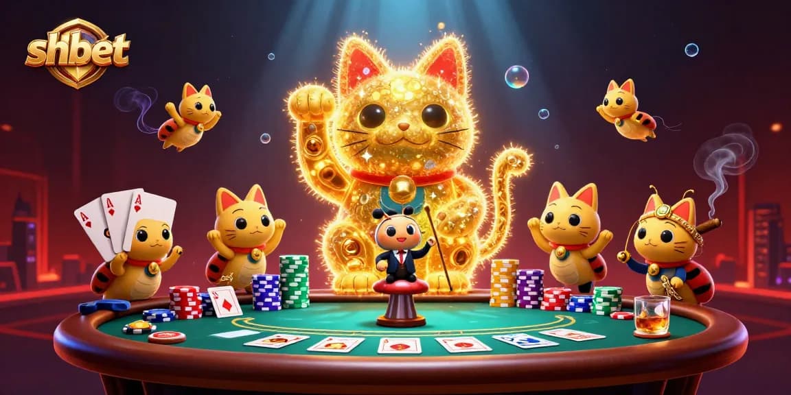 Engage with shbet's thrilling casino experience showcasing a lucky cat and vibrant poker elements.