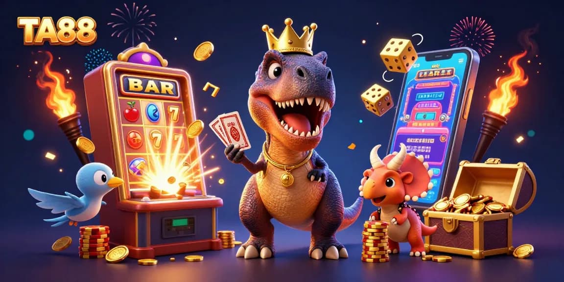 Experience the thrilling excitement of TA88 casino games with cartoon dinosaurs in a vibrant scene.