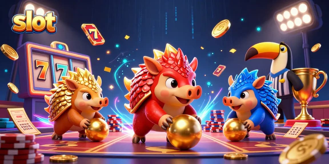 Spin the slot reels with rival pangolins in a vibrant casino-themed illustration