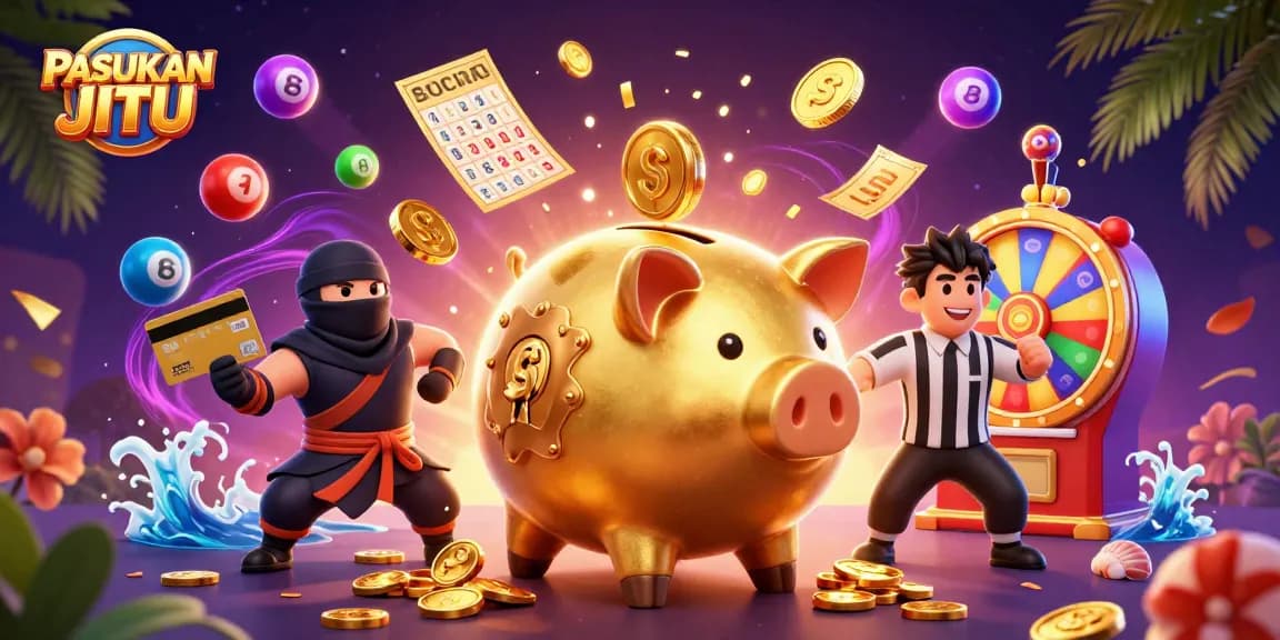 PASUKAN JITU brings excitement as a golden piggy bank wrestler celebrates with bouncing lottery balls and confetti.