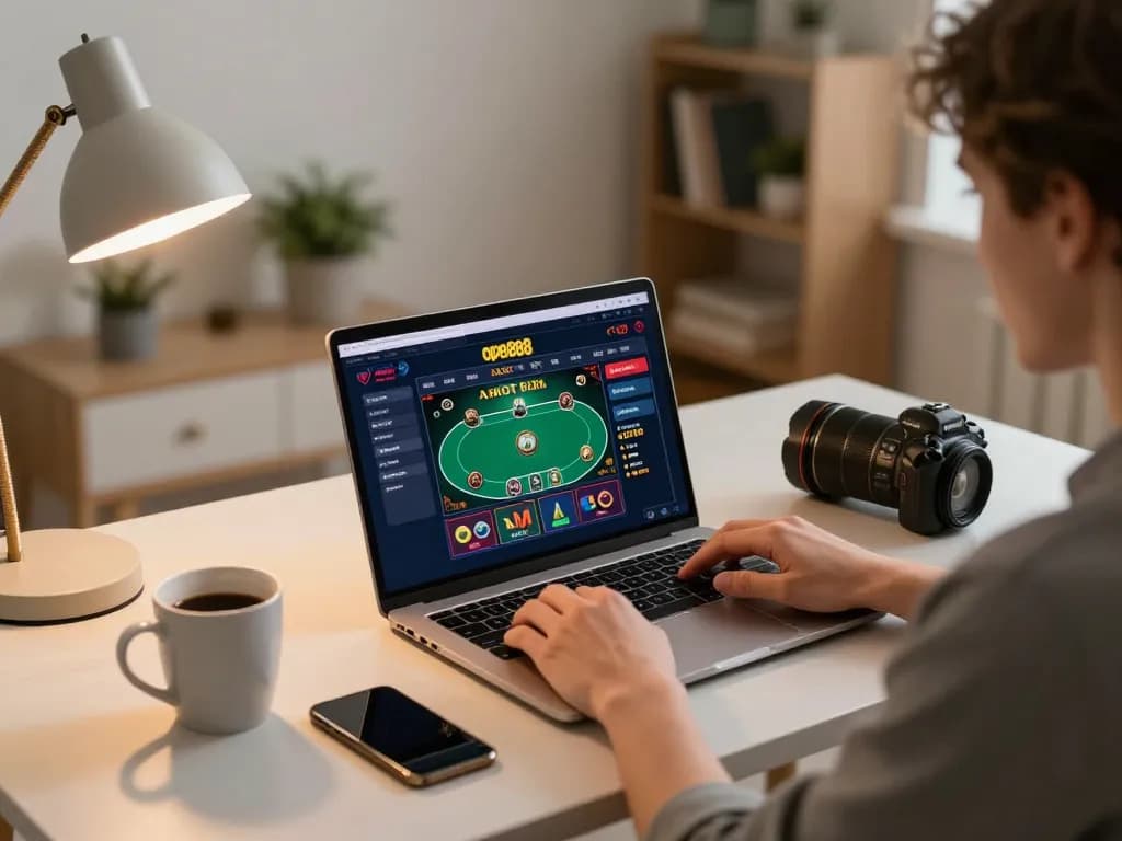 Engaging with open888's poker interface on a laptop in a cozy home setting.