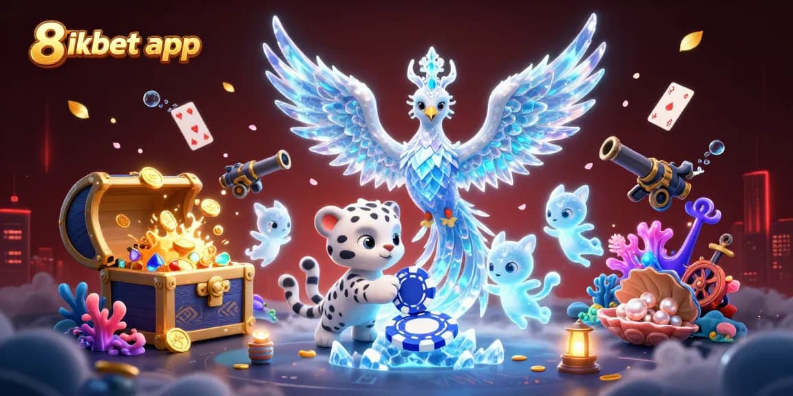 Engage with the thrilling 8xbet app, discovering vibrant gaming scenes featuring an ice phoenix and treasures.
