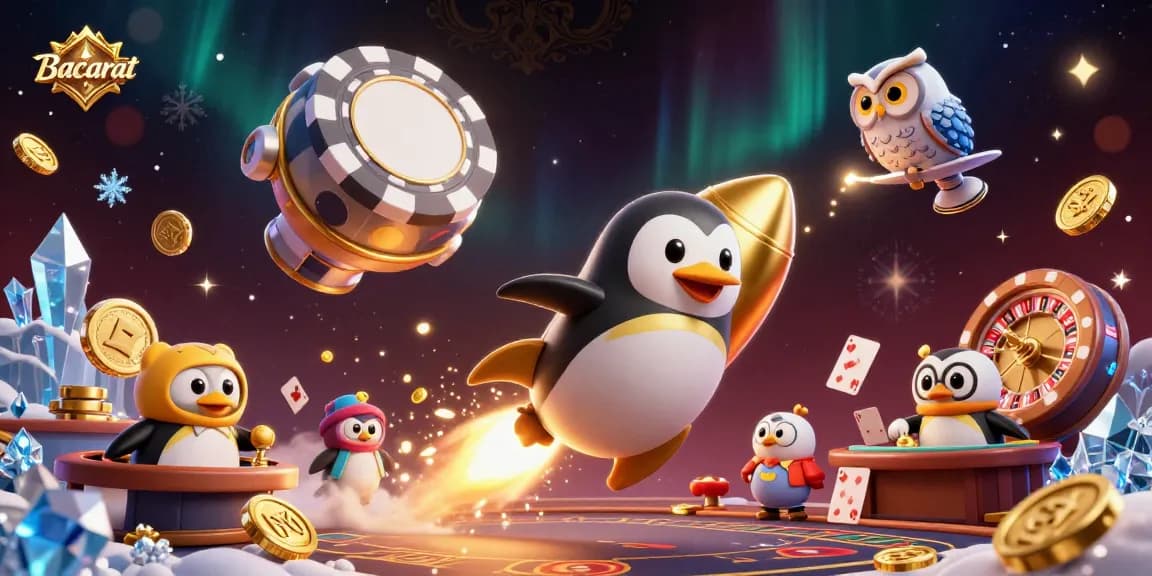 Baccarat game scene with a golden penguin and casino elements flashing vibrantly in space.
