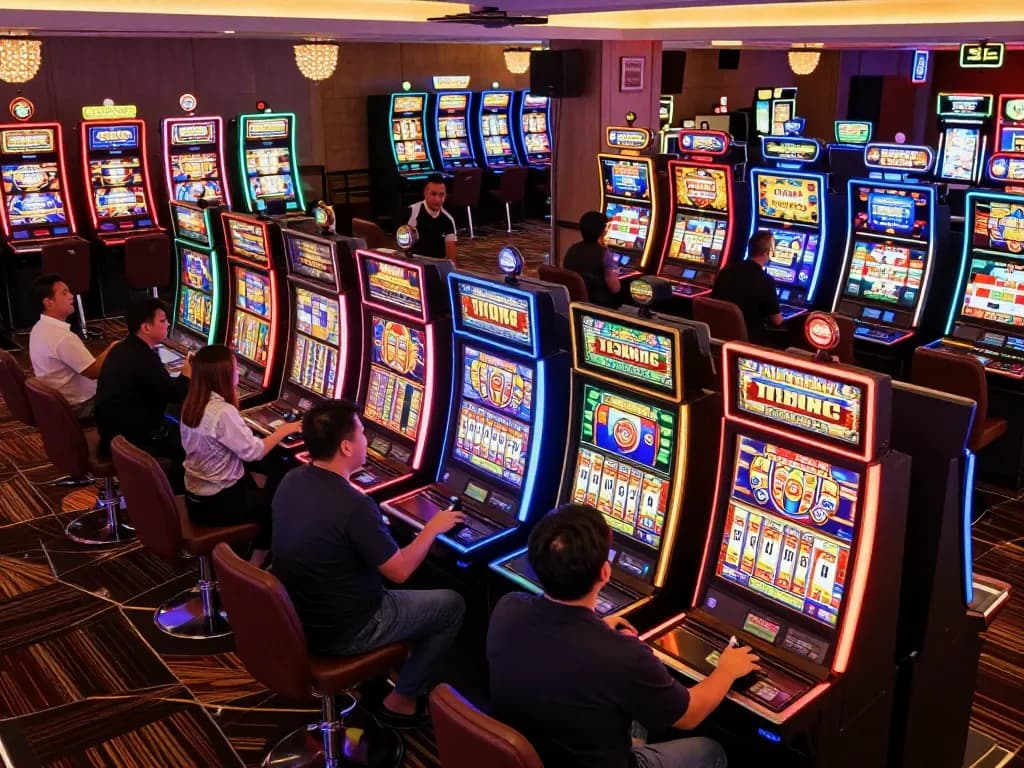 Players engaging with slot machines, capturing thrilling moments of hitting slot gacor.
