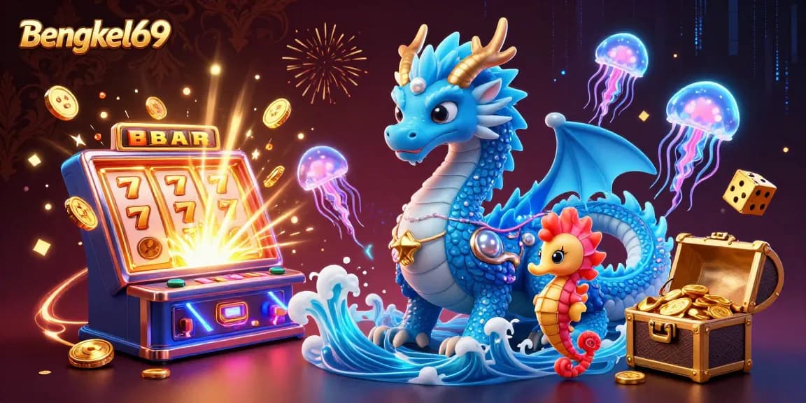 Bengkel69 showcases vibrant casino excitement with an azure water dragon, seahorse knight, and neon jellyfish.