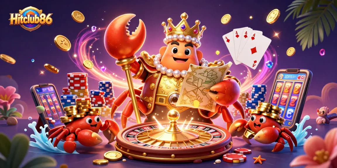 Engage with immersive casino worlds at Hitclub86, featuring golden crab emperor and vibrant gaming symbols.
