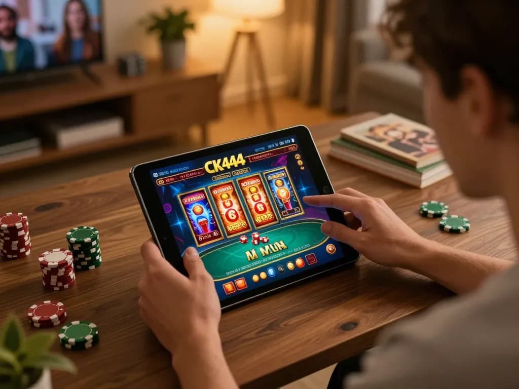 Player engaging with CK444s online casino interface on a tablet in a cozy home setup.