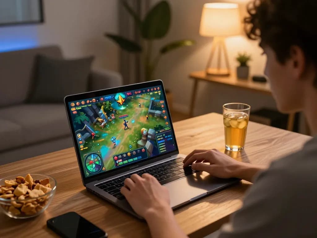 Enjoying the game go88 on a laptop during a cozy home gaming session with vibrant graphics and snacks.