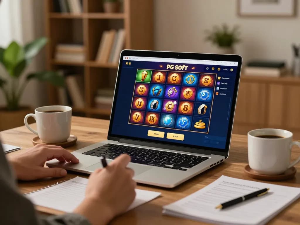 Memainkan demo PG Soft Lengkap di laptop, dengan catatan strategi dan suasana nyaman untuk bermain game online.