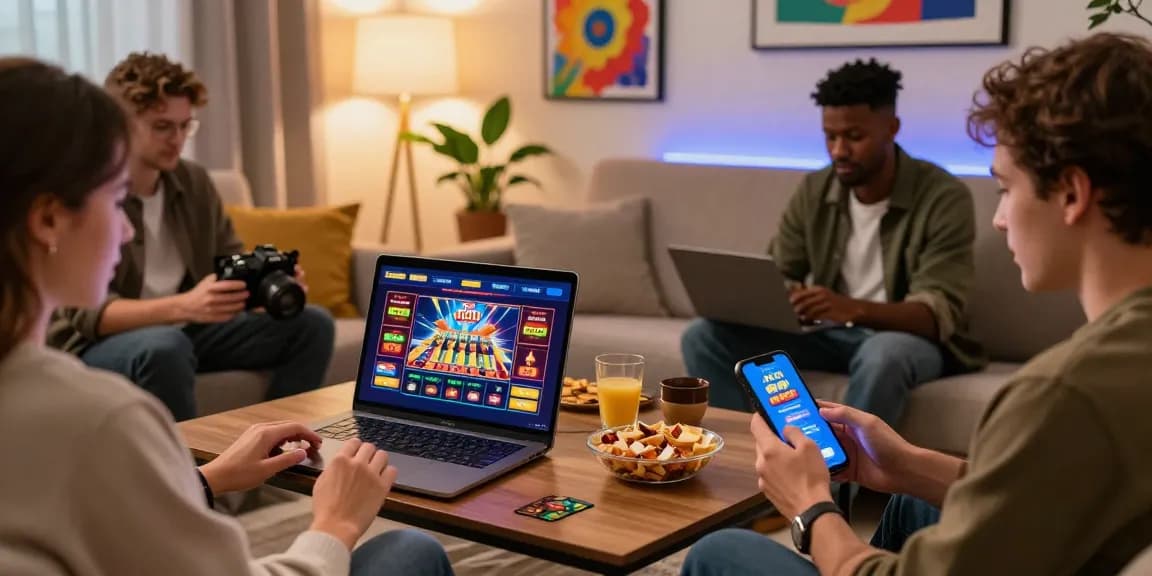 Players engaging with scoarch.org.uk's top credit card casinos in a cozy home setting, showcasing vibrant gaming moments.