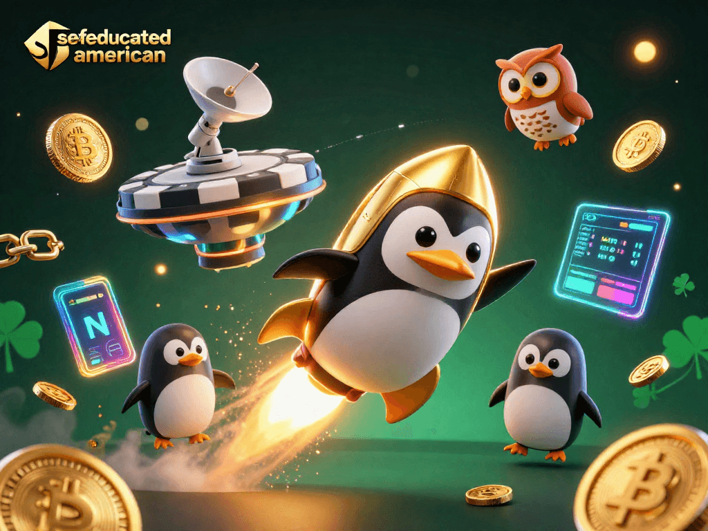 Experience thrilling gaming at selfeducatedamerican casinos with vibrant penguin and crypto elements.