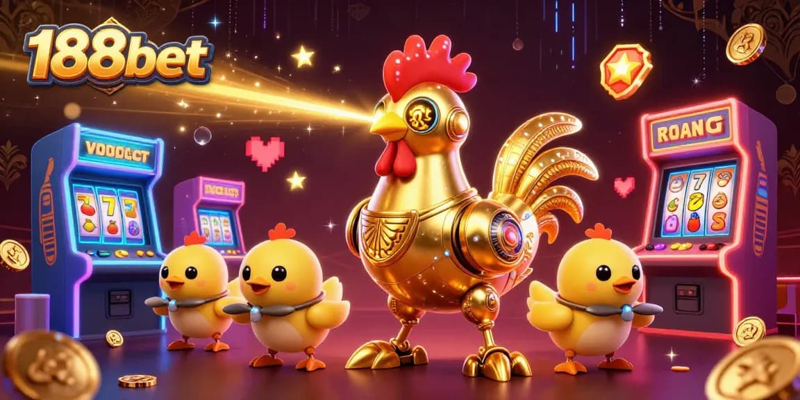 Engage with vibrant casino animation in 188bet, showcasing a retro-futuristic golden rooster robot among colorful gaming elements.