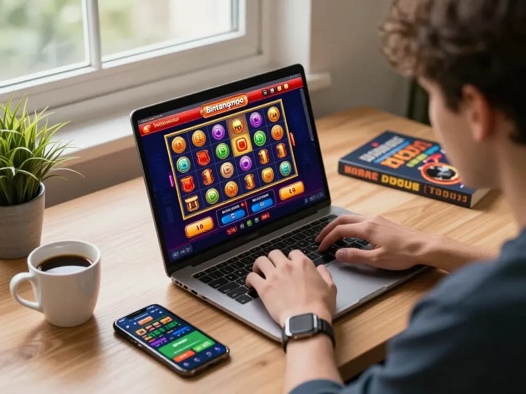 Pengalaman bermain slot daring Bintangmpo dengan seorang pemain yang terlibat di laptopnya, menampilkan suasana kasino yang meriah.