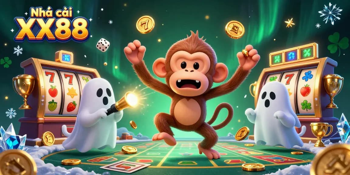 Experience the excitement at Nhà cái XX88 with a lively 3D casino scene featuring a mischievous monkey and ghost-hunter puppy!
