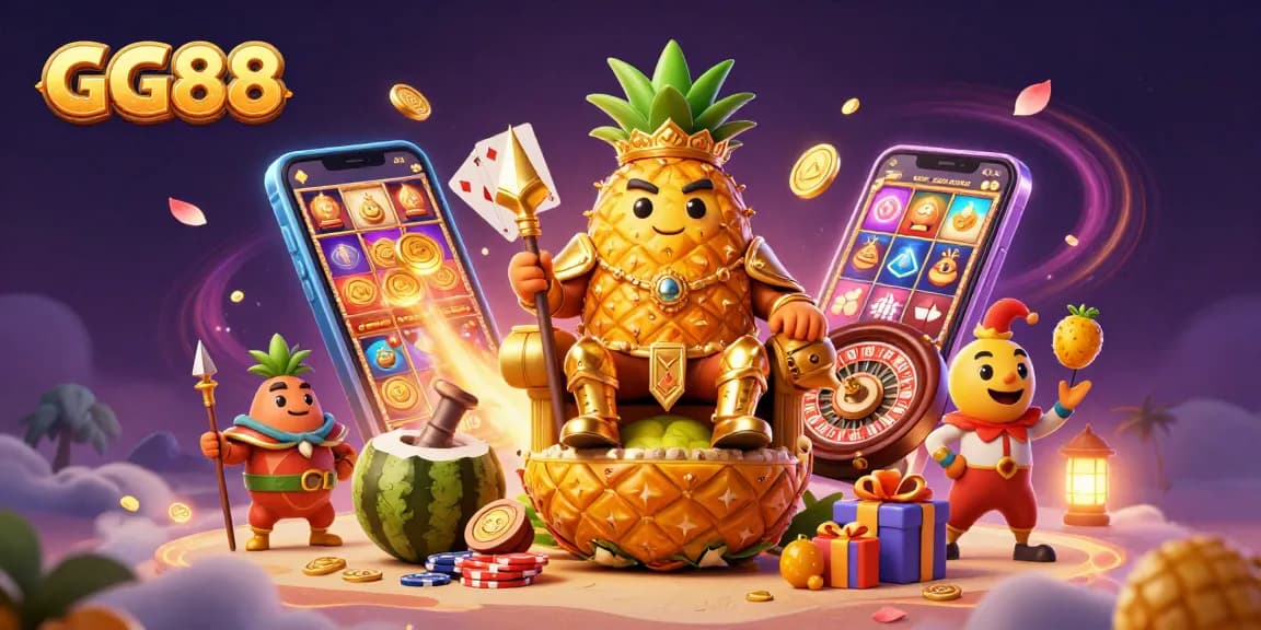 Engage in exciting slot games with GG88 as the golden pineapple king reigns over a vibrant casino.
