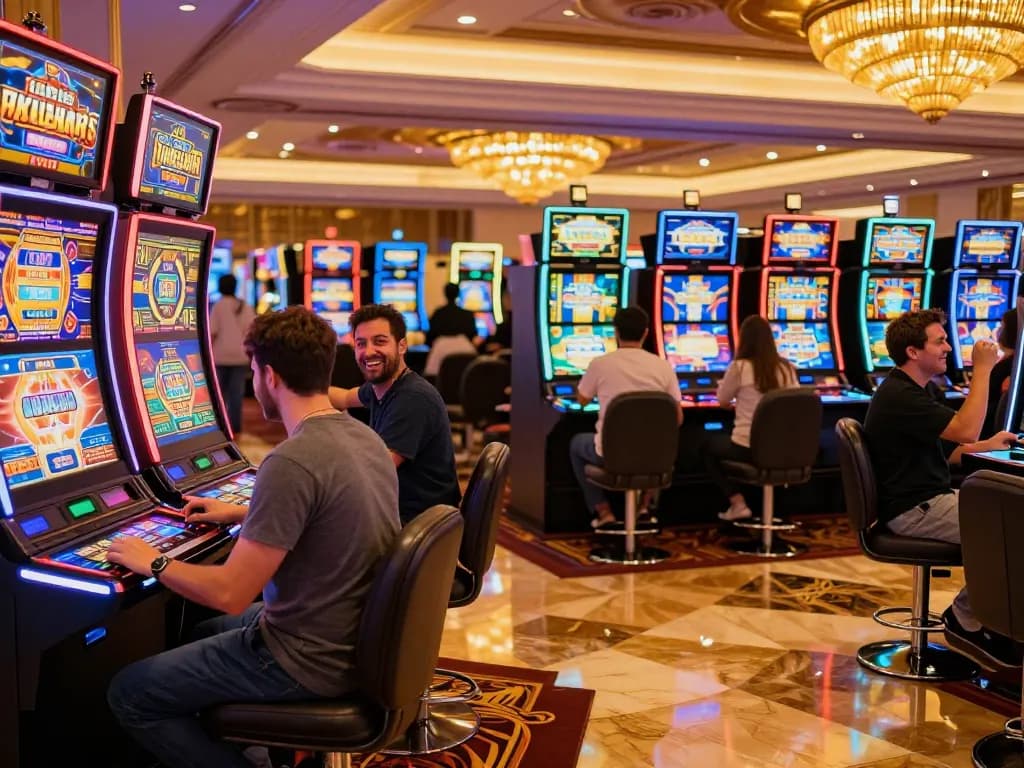 Sunwin players enjoying vibrant slot machines and celebrating wins in an upscale casino.
