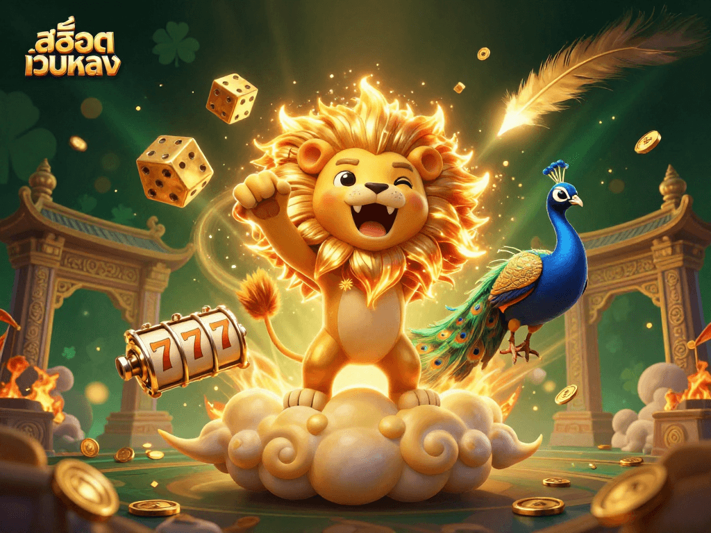 Engage with สล็อตเว็บตรง in a vibrant 3D casino scene showcasing spinning dice, golden elements, and dynamic slots.