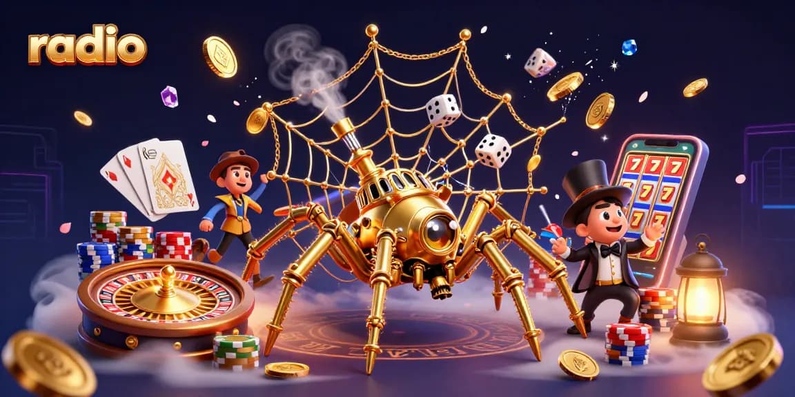 Spin and win with dynamic casino elements as the radio-themed characters catch luck in their web.